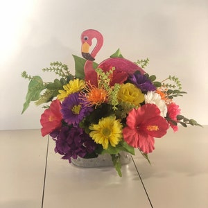 Flamingo centerpiece with hibiscus, Tropical centerpiece in galvanized bucket with hibiscus