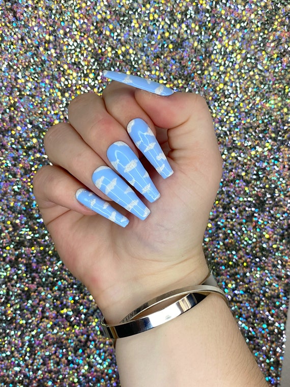 Long Coffin Press On Nails Light Blue Nails Baby Blue Etsy