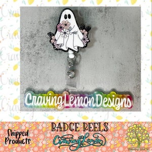 Ghost with Flowers Badge Reel | Nurse ID Holder | Glitter Acrylic | Spooky | Add Beads or Charms | Halloween Badge Reel | Custom Orders