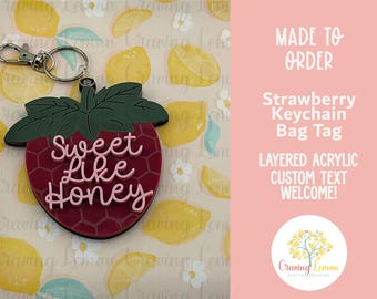 Sweet Like Honey Strawberry Keychain | Bee Strawberry Bag Tag | Cottagecore Keychain | Handmade Acrylic Keychain | Summer Gift