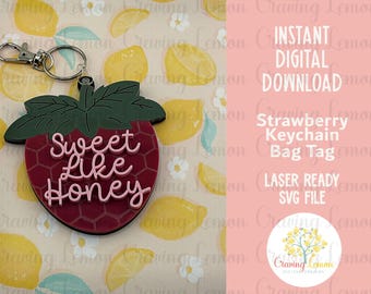 Sweet Like Honey Strawberry SVG | Bee Strawberry Honeycomb Keychain File | Summer Laser Cuttle File Instant Download