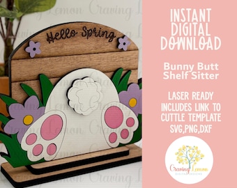 Bunny Butt Shelf Sitter SVG | Easter Bunny Tiered Tray | Layered Bunny Spring Decor | Hello Spring Sign SVG | Glowforge Xtool Laser File