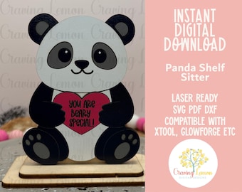 Panda Valentine Shelf Sitter SVG | Panda Holding Heart Digital Download | Valentine Laser Cut File | Panda Desk Stand Laser Decor