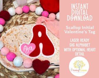 Scalloped Alphabet Laser Cut File | Valentine Letter with Optional Heart Layered SVG (Digital Download)