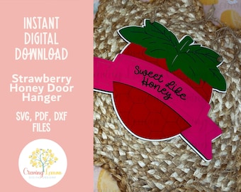 Sweet Like Honey Strawberry Door Hanger SVG | Strawberry Bee Sign SVG | Summer Door Sign Cut File | Glowforge Laser SVG