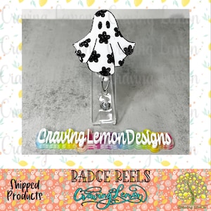 Flower Ghost Halloween Badge Reel | Nurse ID Holder | Glitter Acrylic | Spooky | Add Beads or Charms!