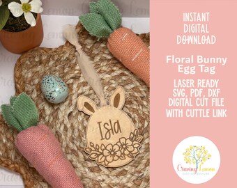 Floral Bunny Ear Egg SVG | Easter Basket Tag SVG | Bunny Egg Name Tag | Easter Laser Cut File | Spring SVG