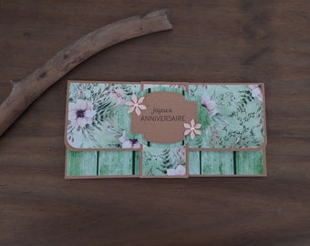 Carte/pochette porte-chèque/billets/tickets - ANNIVERSAIRE - Fleur/bois/Vert