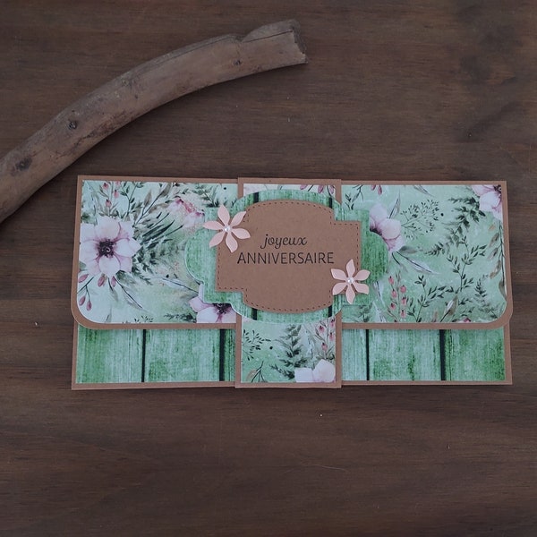 Carte/pochette porte-chèque/billets/tickets - ANNIVERSAIRE - Fleur/bois/Vert