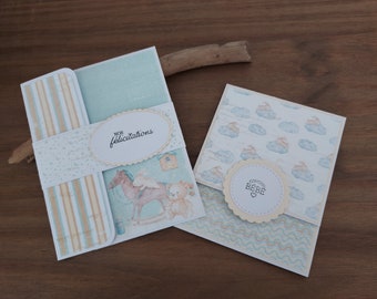 Lot Carte Cadeau + Carte Pochette - Naissance - Baby boy - bleu et jaune