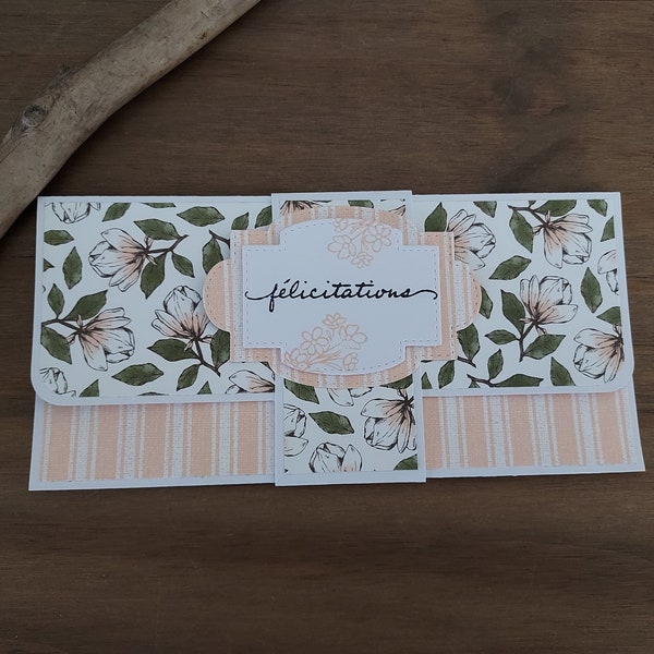 Carte/pochette porte-chèque/billets/tickets - FÉLICITATIONS - Rose et fleurs