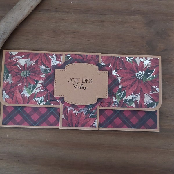 Carte/pochette porte chèque/billets/tickets - NOEL - POINSETTIA - Rouge & Kraft