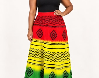 Falda larga cruzada con estampado africano – Falda larga afrocéntrica roja, amarilla y verde