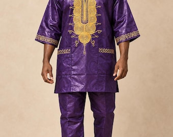 Men’s African Two-Piece Suit, Gold Embroidered Dashiki Tunic and Pants Set, Various Colors