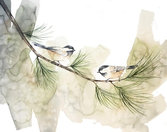 Chickadees Watercolor Print 14 x 11 or 16 x 12