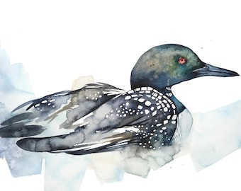 May include: Watercolor painting of a loon with black and white speckled feathers, a dark blue head, and red eyes. The loon is swimming in a watercolor wash of blue and white.