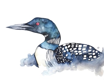 May include: Watercolor painting of a loon with blue and black feathers, red eyes, and a white chest. The loon is swimming in a blue and gray watercolor wash.