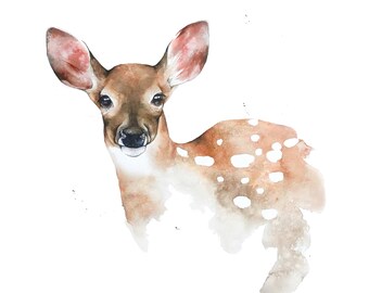 Watercolor Fawn Print, white tailed deer