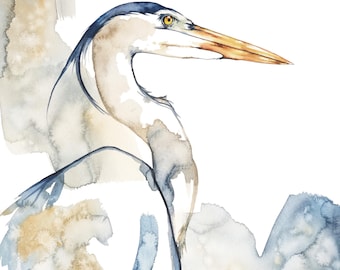 May include: Watercolor painting of a Great Blue Heron in profile. The bird features a long, pointed beak, a slender neck, and a mix of blue, gray, and tan hues. The artwork has a soft, artistic style, with watercolor washes creating a dreamy effect.