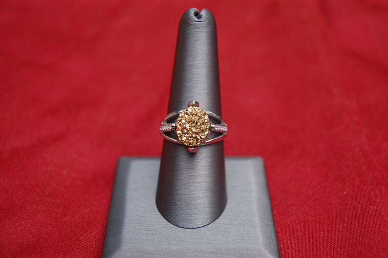 Beautiful Oval Golden Druzy and Crystal Sterling Silver Ring