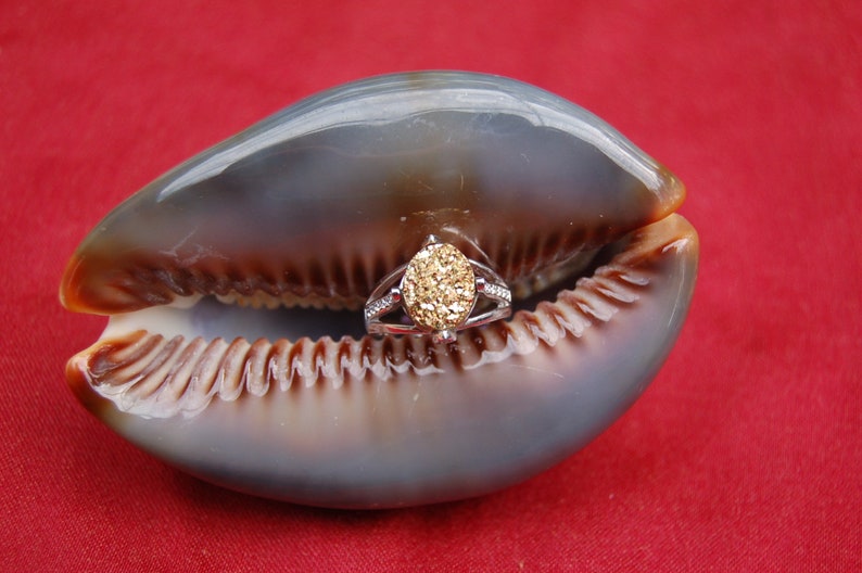 Beautiful Oval Golden Druzy and Crystal Sterling Silver Ring