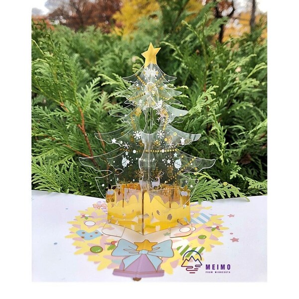 3D Pop Up Greeting Card Merry Christmas Crystal Transparent Gold Christmas Tree Thanksgiving Holidays Family Friends Handmade Gift Decor