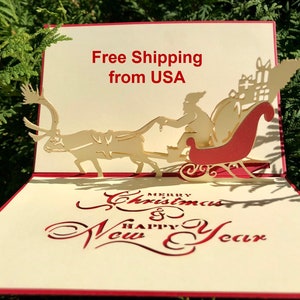 Handmade 3D Pop Up Merry Christmas Greeting Card Santa Reindeer Sleigh with Envelope for Vintage Gift & Decoration Family Friends