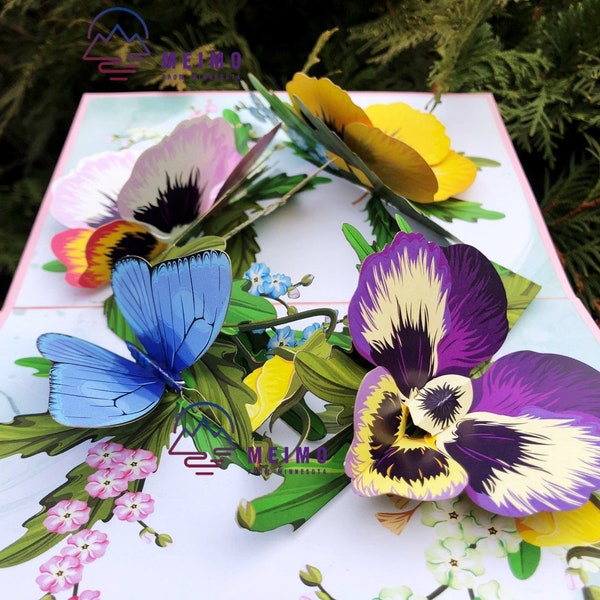 3D Pop Up Greeting Card Flower Floral Pansies Butterfly Birthday Mother Mom Love Anniversary Nature Spring Summer Kids Family Friends Gift
