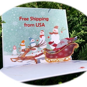3D Pop Up Merry Christmas Greeting Card Handmade Santa Reindeer Sleigh with Envelope for Gift & Decoration Holidays Family Friends