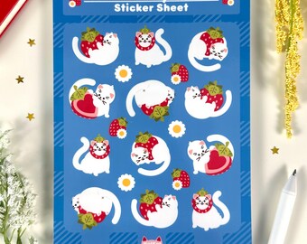 Strawberry Kitty Sticker Sheet, Cat Planner Stickers