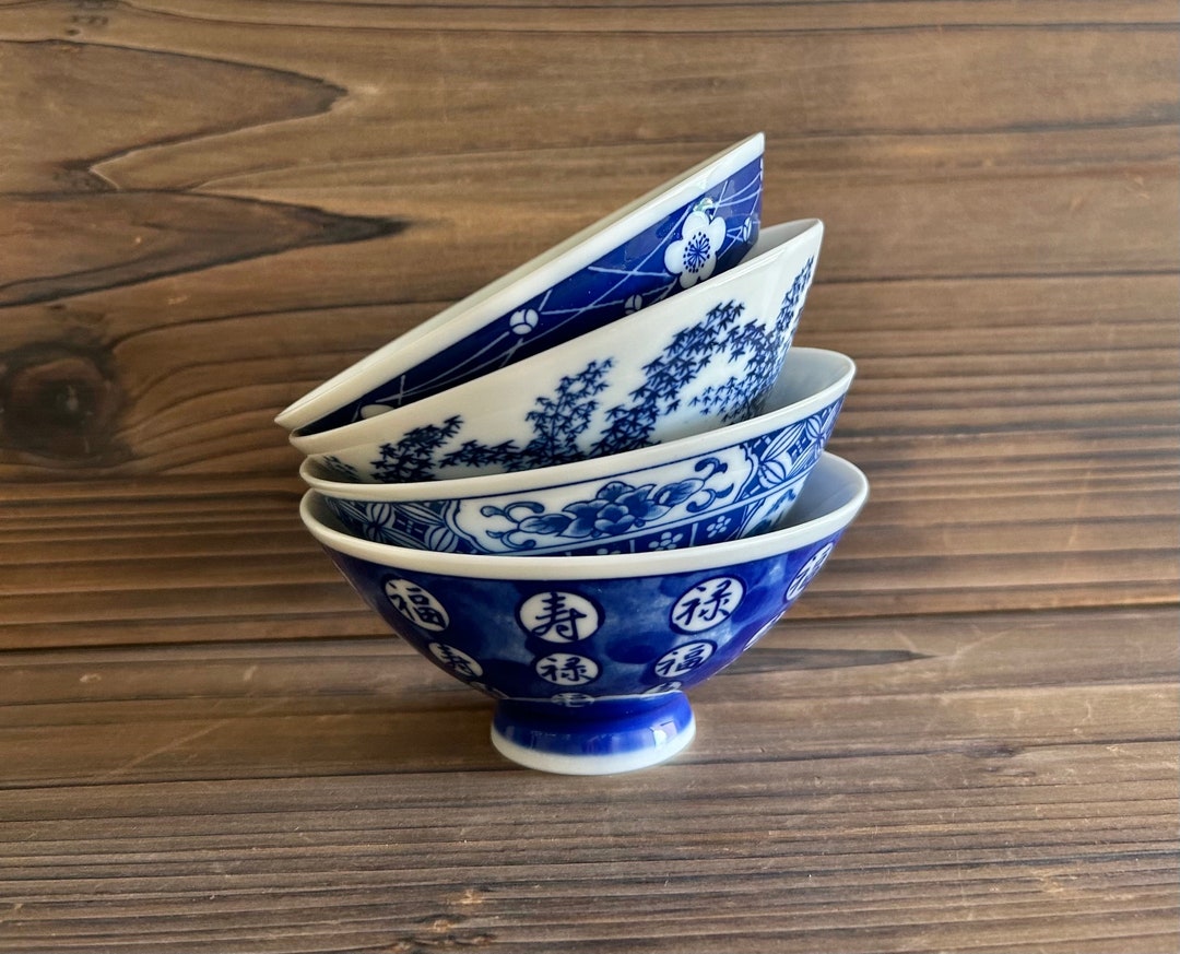 Vintage japanese rice bowl set of 4 mis matched blue and white etsy