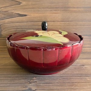 red Japanese lacquerware trinket box with mother of pearl inlay