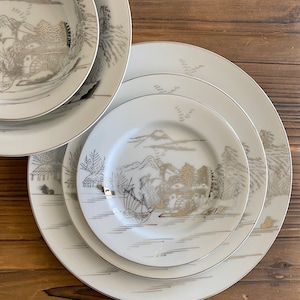 Kutani china 5-piece placesetting made in Japan Mt Fuji and waterside village scene in platinum
