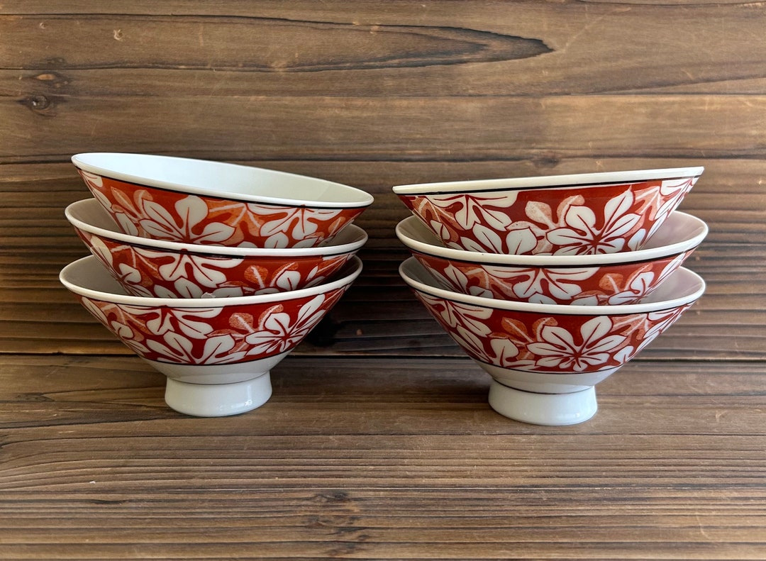 Vintage japanese rice bowl set of 6 red flower blossom pattern etsy