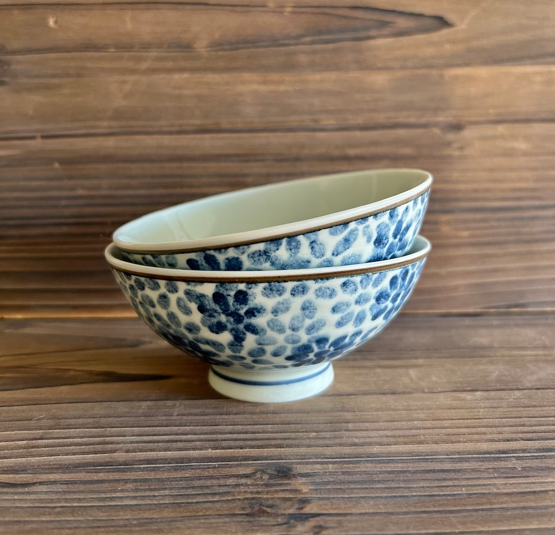 Vintage japanese rice bowl set of 2 indigo blue floral pattern etsy