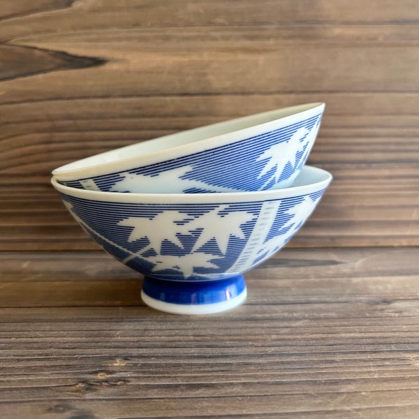 vintage Japanese rice bowl set of 2 blue and white pattern