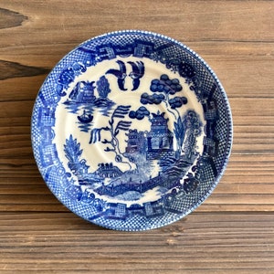 May include: A round, blue and white ceramic plate with a Willow pattern design. The plate features a detailed landscape scene with pagodas, bridges, and birds. The rim has a decorative border. The plate is set against a wooden background.
