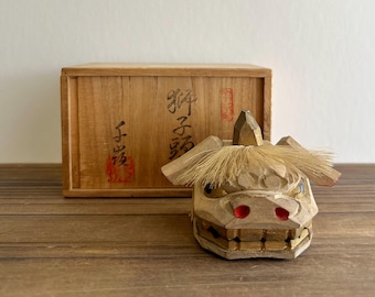 獅子頭 日本製 古漆塗り 金箔 目と歯付き 獅子舞頭 面 神楽 獅子頭