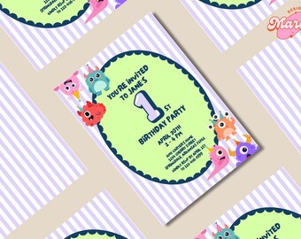 May include: Birthday party invitations with a light green oval in the center, featuring the text "You're invited to Jane's 1st Birthday Party." The invitations have a purple and white striped background and cartoon monster illustrations.