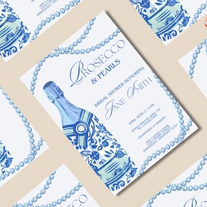 Prosecco and Pearls Blue Bridal Shower Invitation Template - Digital Download