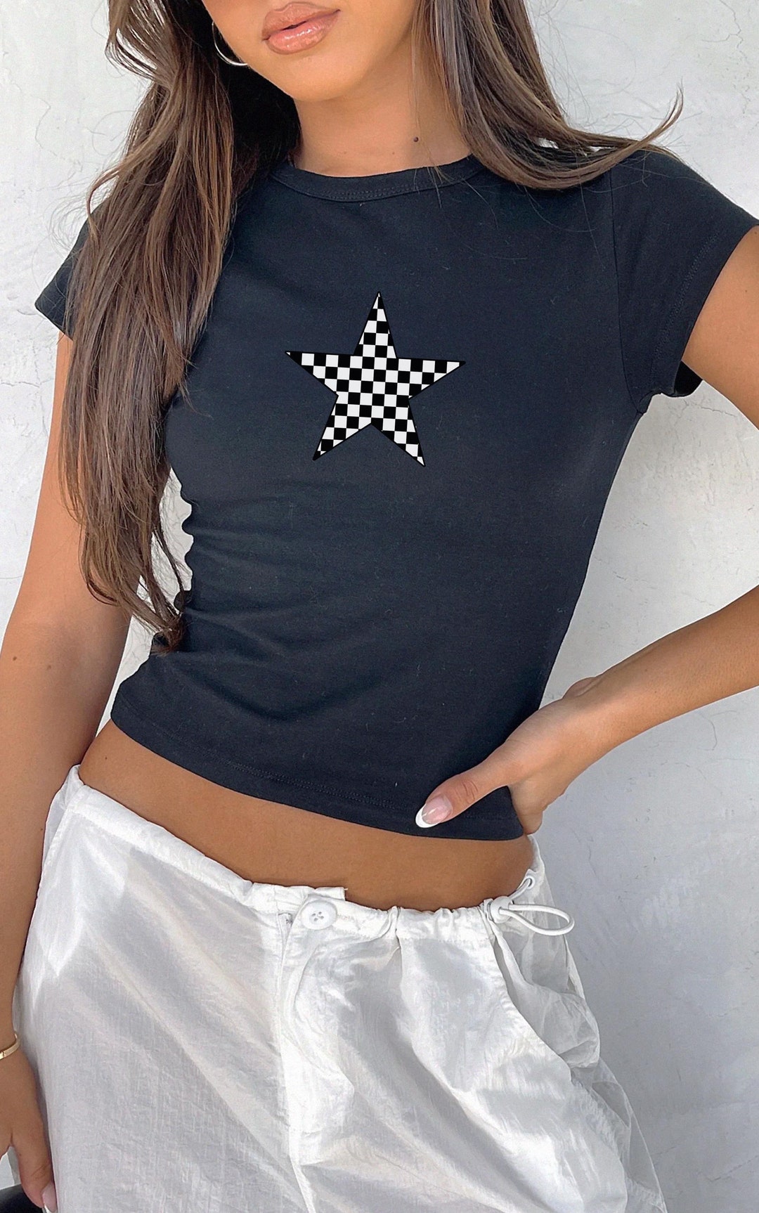 Checkered Star Shirt Trendy Star Baby Tee Star Shirt Aesthetic Baby Tee