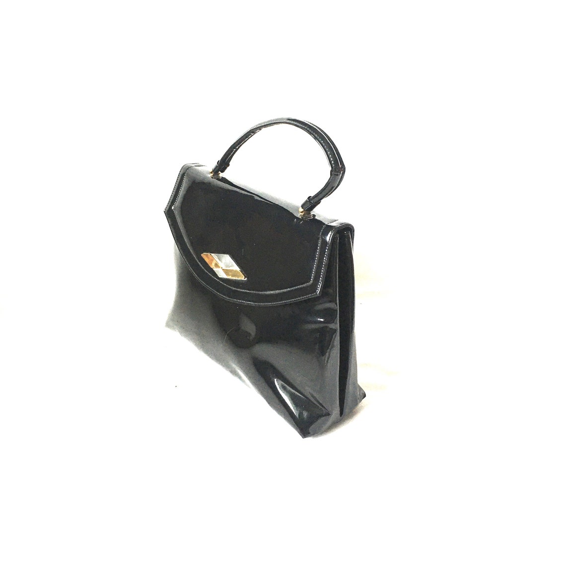 Vintage retro womens black patent leather crown LEWIS handbag bag., foto 2 di 5