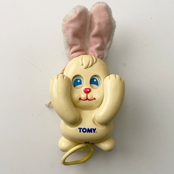 Vintage retro 1990’s kids children’s TOMY Bunny Rabbit toy pull string nursery