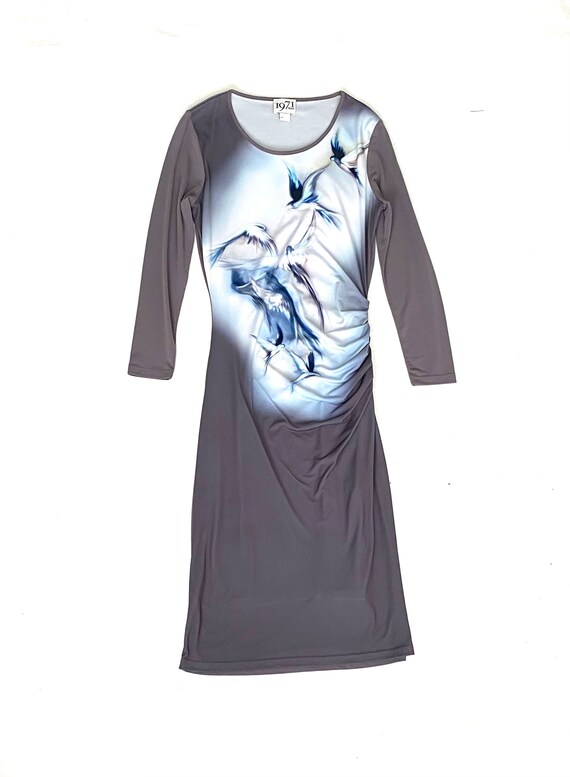 Womens Grey REISS Wiggle Dress Size S SMALL Uk 8 Bird Pattern