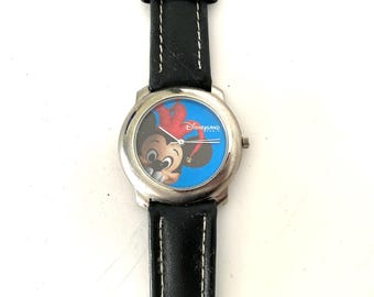 Reloj vintage Disneyland París para hombre y mujer, años 2000, correa de piel, esfera azul, Mickey Mouse