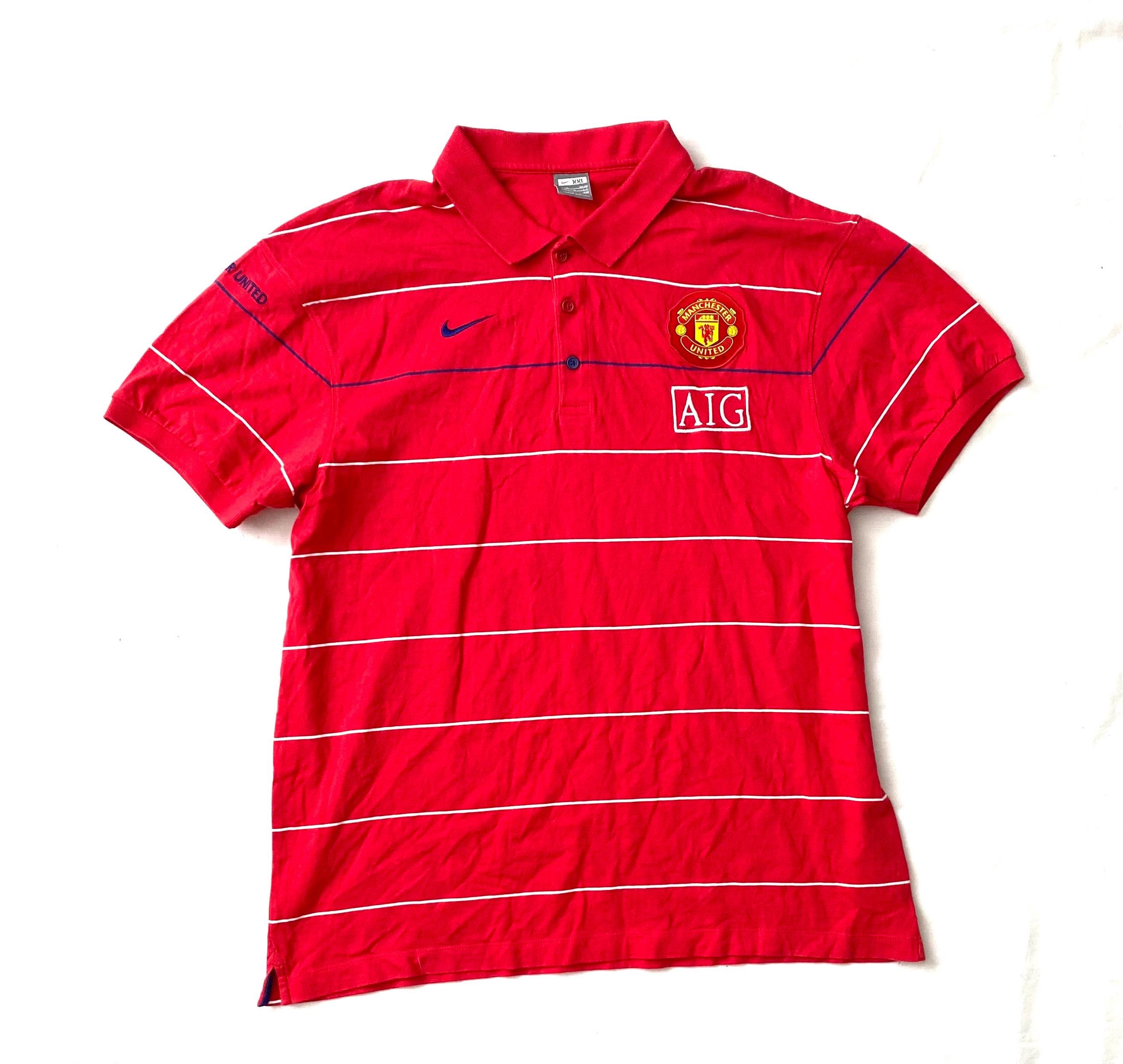 Men's Red Striped MANCHESTER UNITED Aig Football Polo R-shirt Top