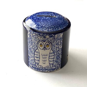 May include: A blue and white ceramic owl piggy bank with a slot on the top. The owl is surrounded by a blue and white floral design.