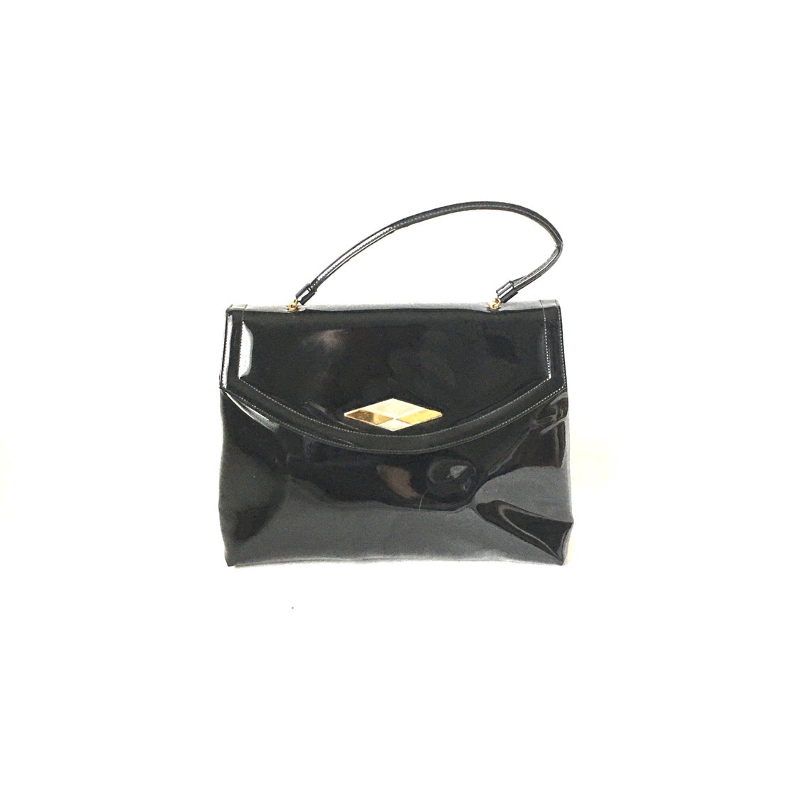 Vintage retro womens black patent leather crown LEWIS handbag bag., foto 1 di 5