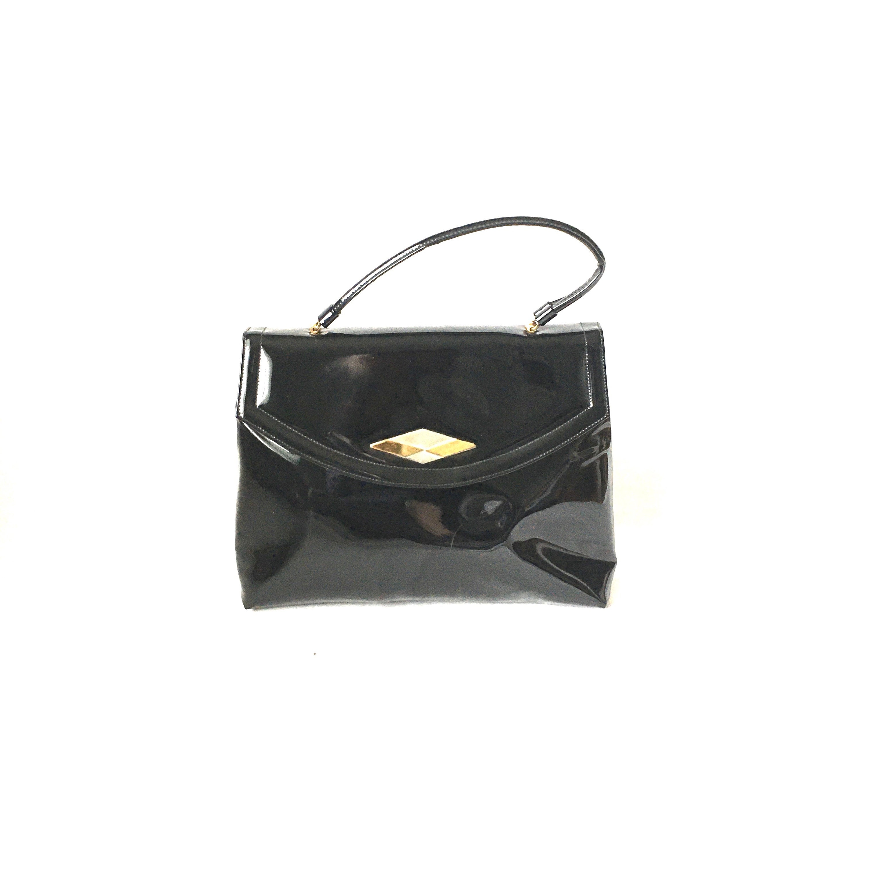 Vintage retro womens black patent leather crown LEWIS handbag bag.