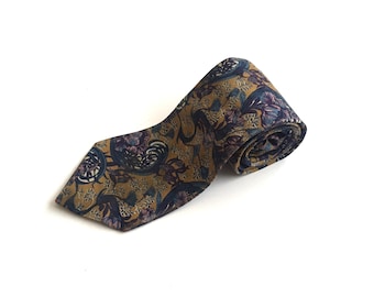 vintage rétro homme or bleu LIBERTY imprimé floral designer silk suit tie